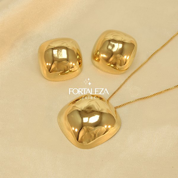 Conjunto Quadrado Abaulado Banhado a Ouro 18k