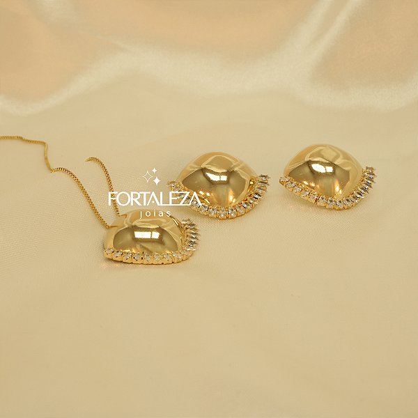 Conjunto Quadrado Abaulado com Zircônia Banhado a Ouro 18k