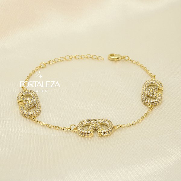 Pulseira Inspiração Valentino Cravejado e Banhado a Ouro 18k