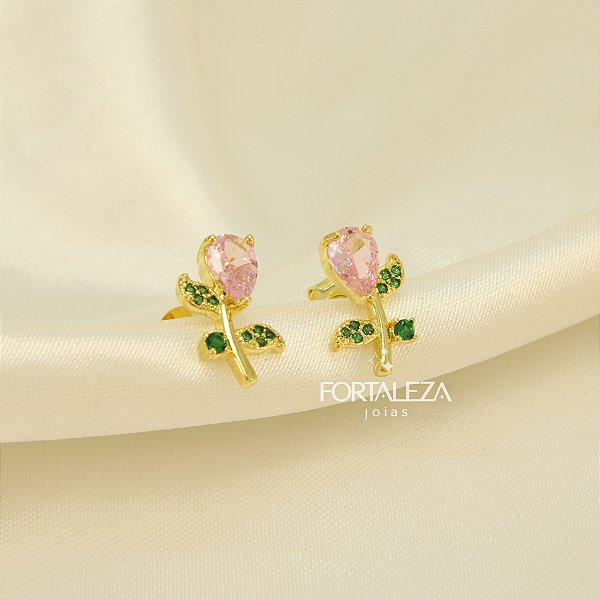 Brinco de Rosa com Zircônias Banhado a Ouro 18k