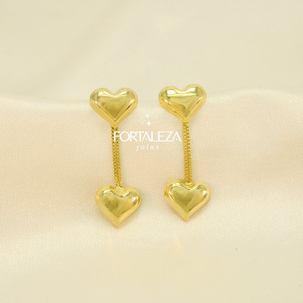 Brinco de Corações com Fio Veneziana Banhado a Ouro 18k