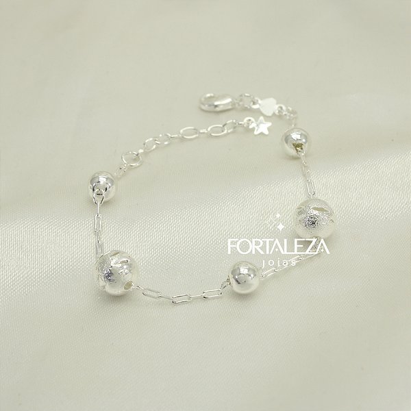 Pulseira Bolinha Polida e Granulada Banhado a Prata 925