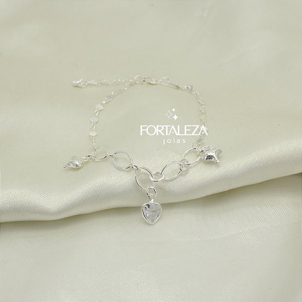 Pulseira com Pingentes de Coração Banhado a Prata 925
