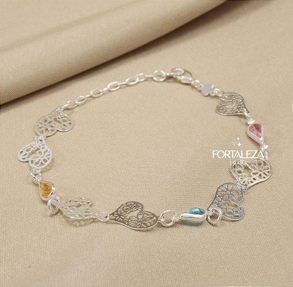Pulseira com Corações e Zircônias Banhado a Prata 925