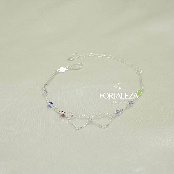 Pulseira de Corações Vazados e Zircônias Banhado a Prata 925