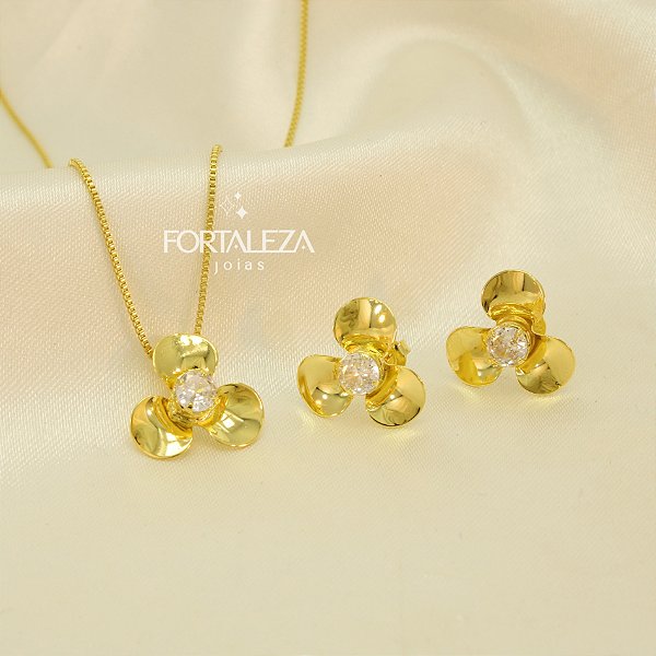 Conjunto de Flor com Zircônia Cristal Banhado a Ouro 18k