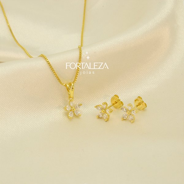 Conjunto de Flor com Zircônias Cristal Banhado a Ouro 18k