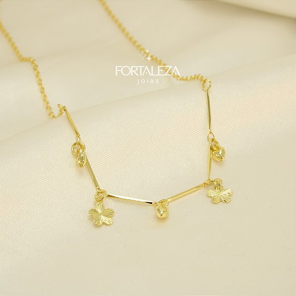 Gargantilha de Flores e Corações Banhado a Ouro 18k