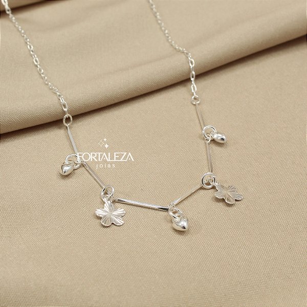 Gargantilha Flores e Corações Banhado a Prata