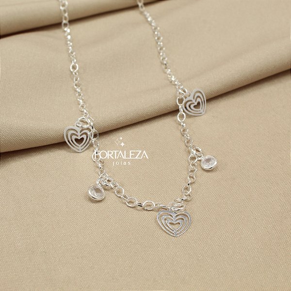 Gargantilha de Corações com Zircônia Banhado a Prata 925