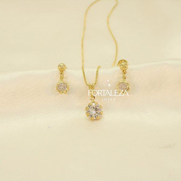 Conjunto Ponto de Luz com Zircônia Banhado a Ouro 18k
