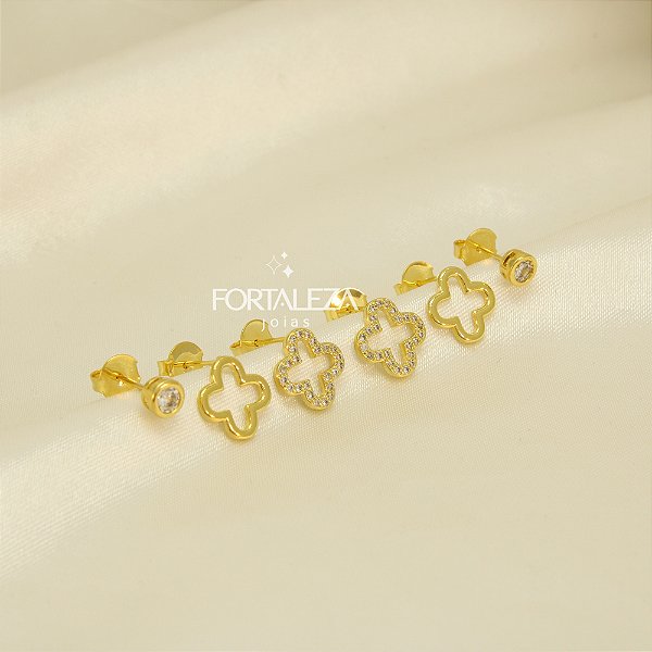 Brinco em Trio de Trevo com Zircônia Banhado a Ouro 18k