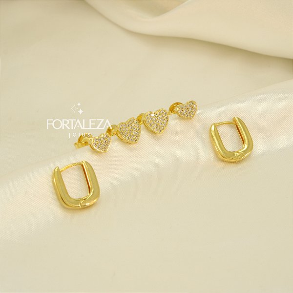 Brinco em Trio de Coração com Argola Banhado a Ouro 18k