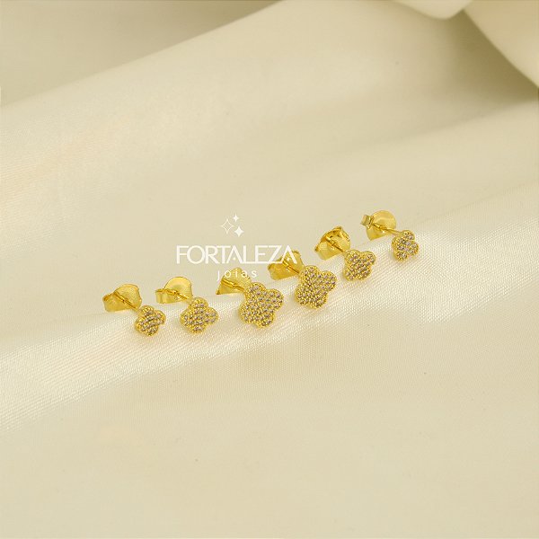 Brinco em Trio Trevo Cravejado e Banhado a Ouro 18k