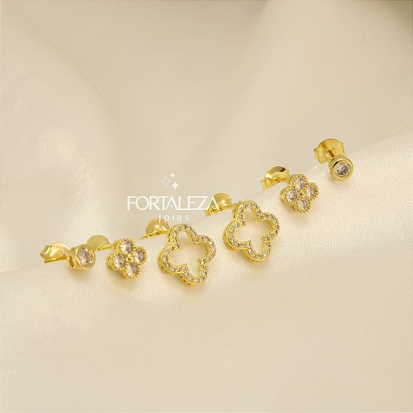 Brinco em Trio com Trevo Cravejado e Banhado a Ouro 18k