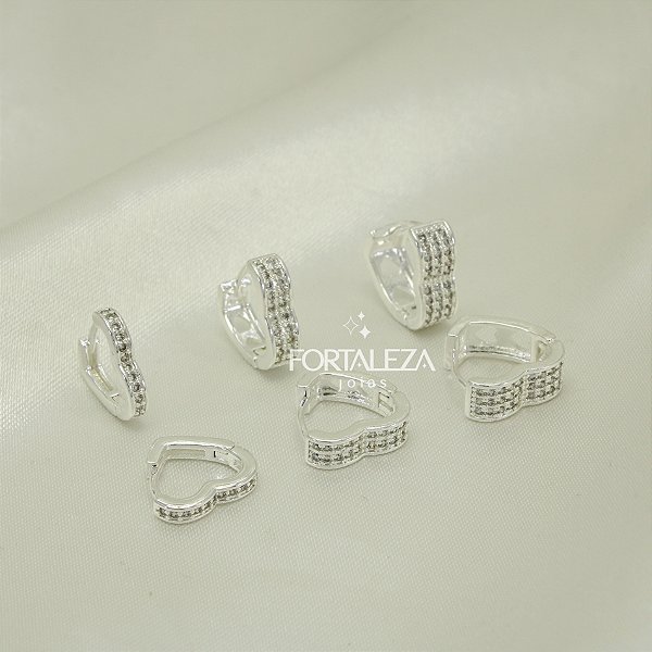 Brinco Argola em Trio Coração Cravejado Banhado a Prata 925