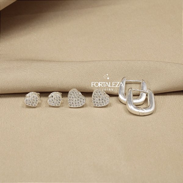 Brinco em Trio de Coração com Argola Banhado a Prata 925