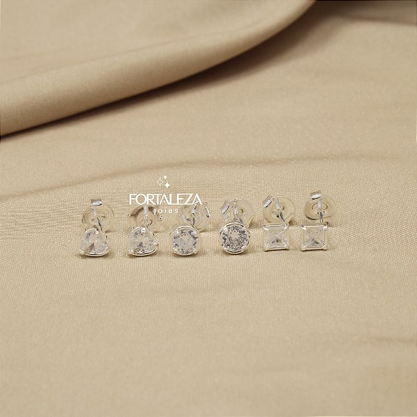 Brinco em Trio com Zircônia Cristal Banhado a Prata 925