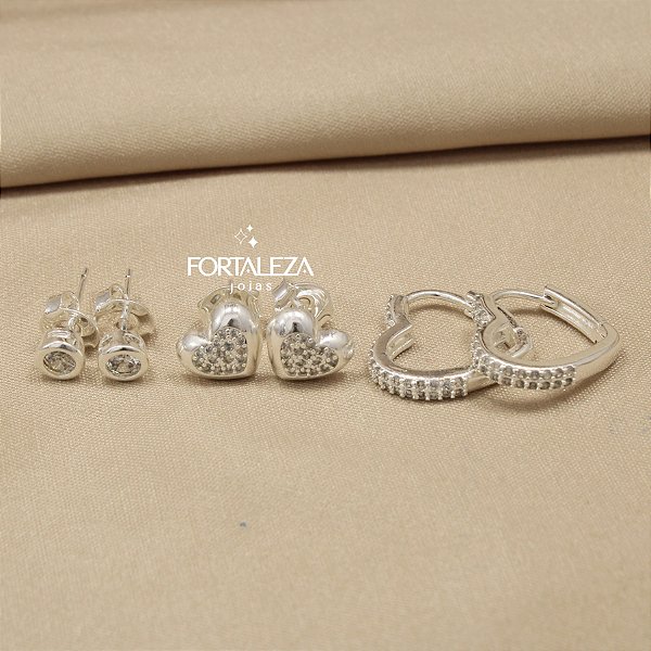 Brinco em Trio Coração com Argola Banhado a Prata 925