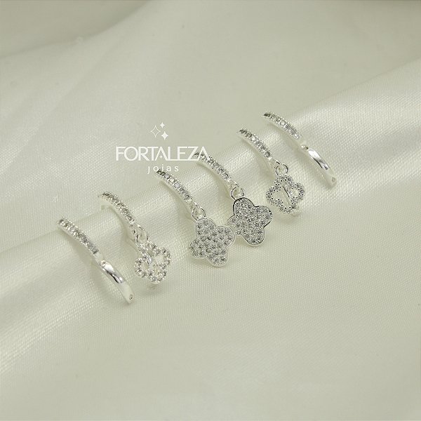 Brinco Argola em Trio Trevo Cravejado e Banhado a Prata