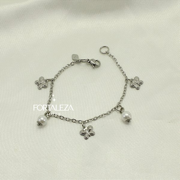 Pulseira de Borboleta com Pérola em Aço Inox