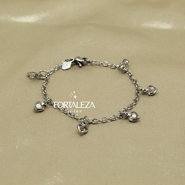 Pulseira de Corações com Zircônia Cristal em Aço Inox