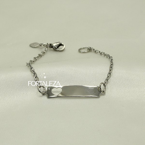 Pulseira com Plaquinha e Coração em Aço Inox