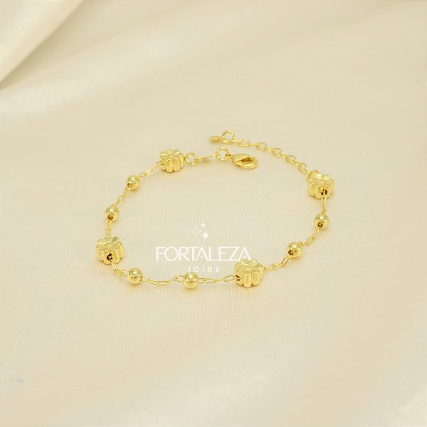Pulseira de Flores e Bolinhas Banhado a Ouro 18k