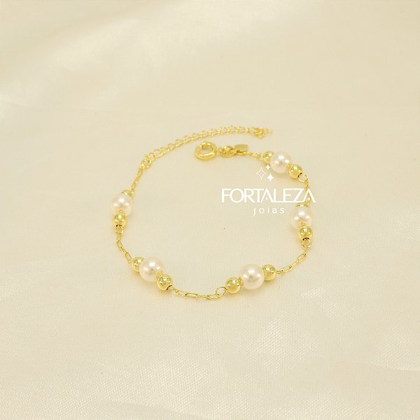 Pulseira de Pérolas e Bolinhas Banhado a Ouro 18k