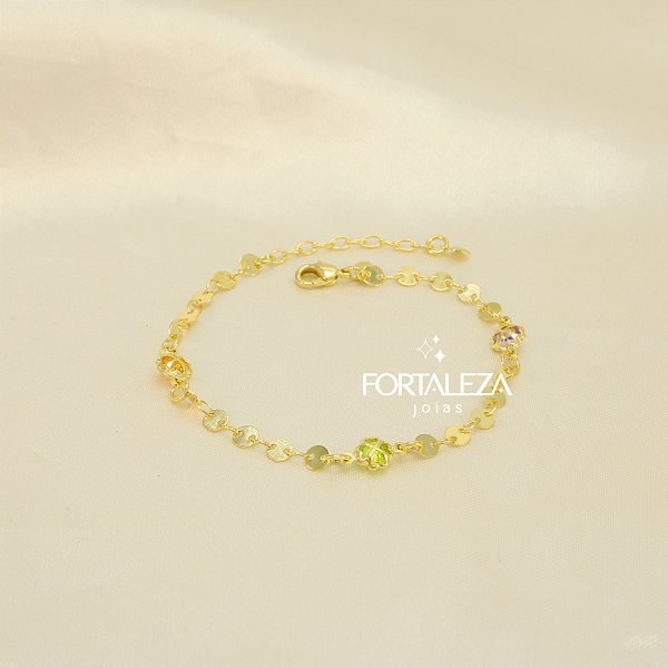 Pulseira de Elo Chapeado com Flores Banhado a Ouro 18k
