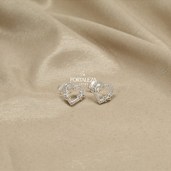 Brinco Coração e Borboletas Cravejado em Prata 925