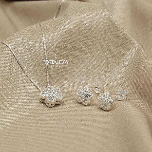 Conjunto de Flor Cravejada com Zircônia Cristal em Prata 925