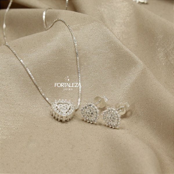 Conjunto Coração Cravejado com Zircônia Cristal em Prata 925