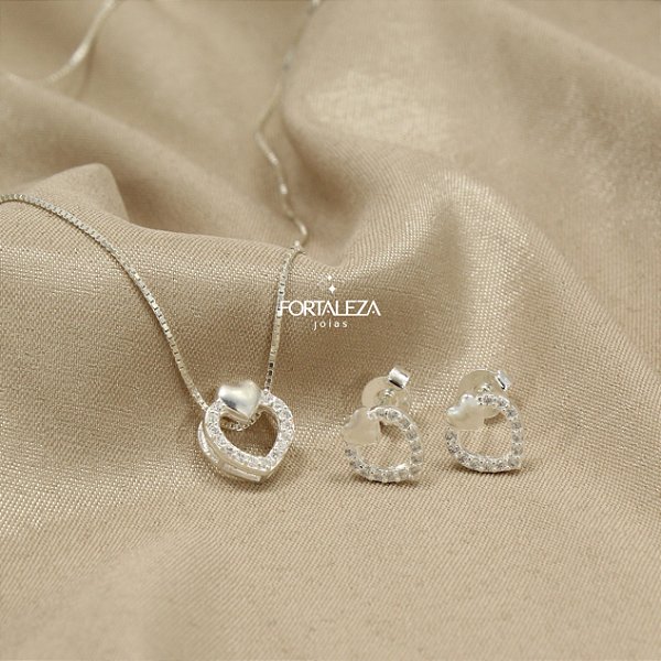 Conjunto de Coração com Zircônia Cristal em Prata 925