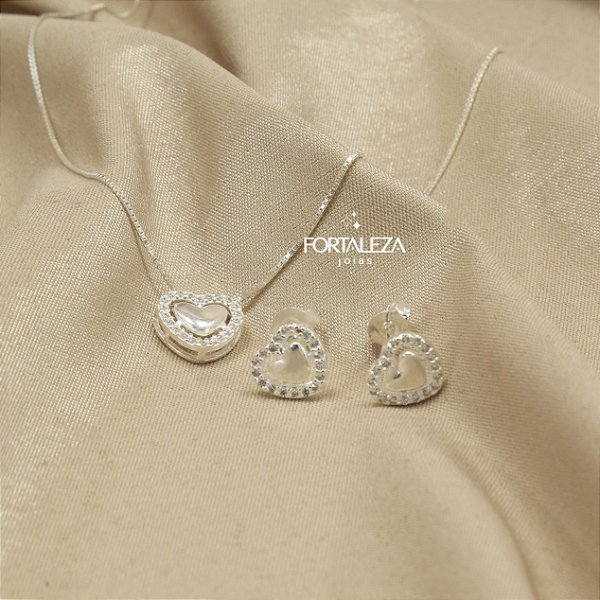 Conjunto de Coração com Zircônia Cristal em Prata 925
