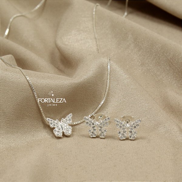 Conjunto Borboleta Cravejada com Zircônia em Prata 925