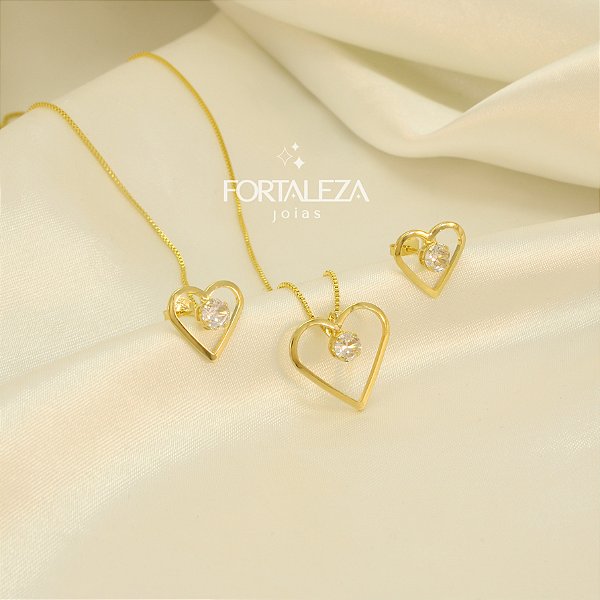 Conjunto Coração com Detalhe em Zircônia Banhado a Ouro 18k