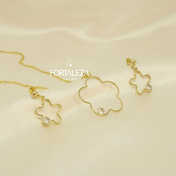 Conjunto Flor Vazada com Detalhe Zircônia Banhado a Ouro 18k