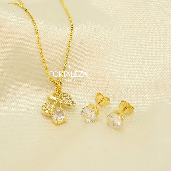 Conjunto Cereja Cravejada em Zircônia Banhado a Ouro 18k