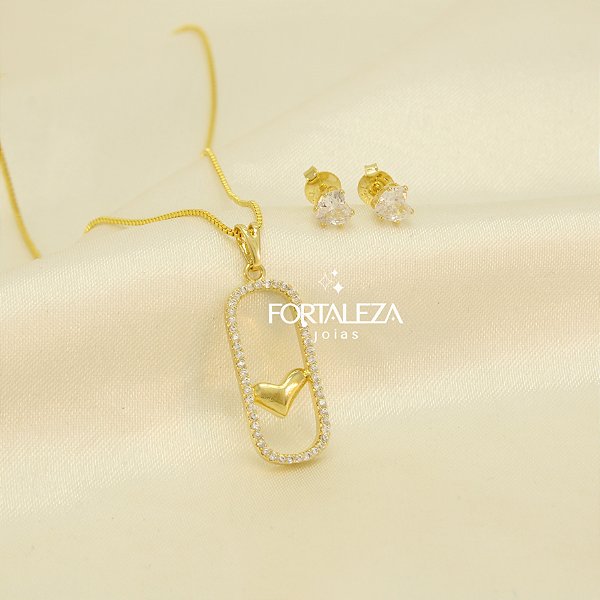 Conjunto Coração com Detalhes em Zircônia Banhado a Ouro 18k