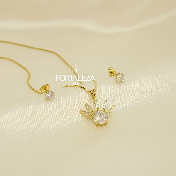 Conjunto Trabalhado em Zircônia Cristal Banhado a Ouro 18k