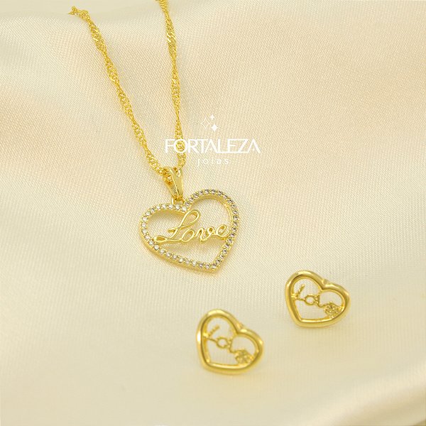 Conjunto Coração Escrito Love Banhado a Ouro 18k