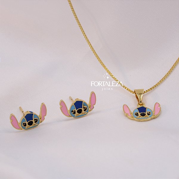 Conjunto do Stitch Resinado e Banhado a Ouro 18k