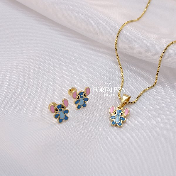 Conjunto do Stitch Resinado e Banhado a Ouro 18k
