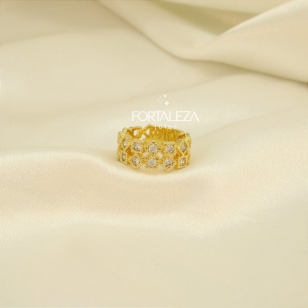 Anel Geométrico com Zircônia Cristal Banhado a Ouro 18k