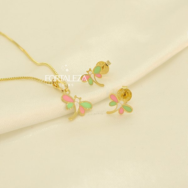 Conjunto Libélula Resinada Banhado a Ouro 18k