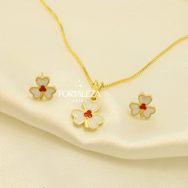 Conjunto de Trevo Resinado Banhado a Ouro 18k