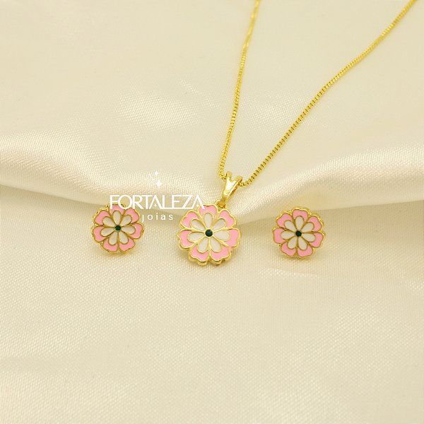 Conjunto de Flor Resinado Banhado a Ouro 18k