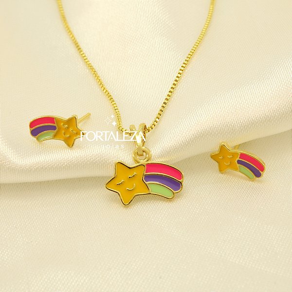 Conjunto Estrela Cadente Resinado Banhado a Ouro 18k