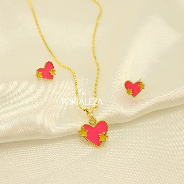 Conjunto Coração Resinado Banhado a Ouro 18k